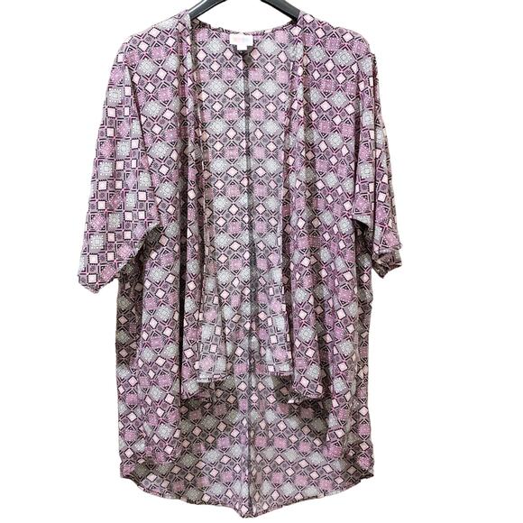 LULAROE Sz Small Women Cardigan Dolman Short Sleeves Open Front Gray Pink Print - Picture 1 of 9